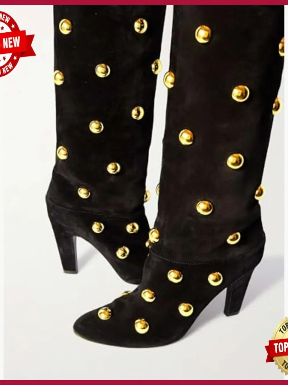 Over the Knee Boots Pointed Toe Chunky Heel Studded Suede